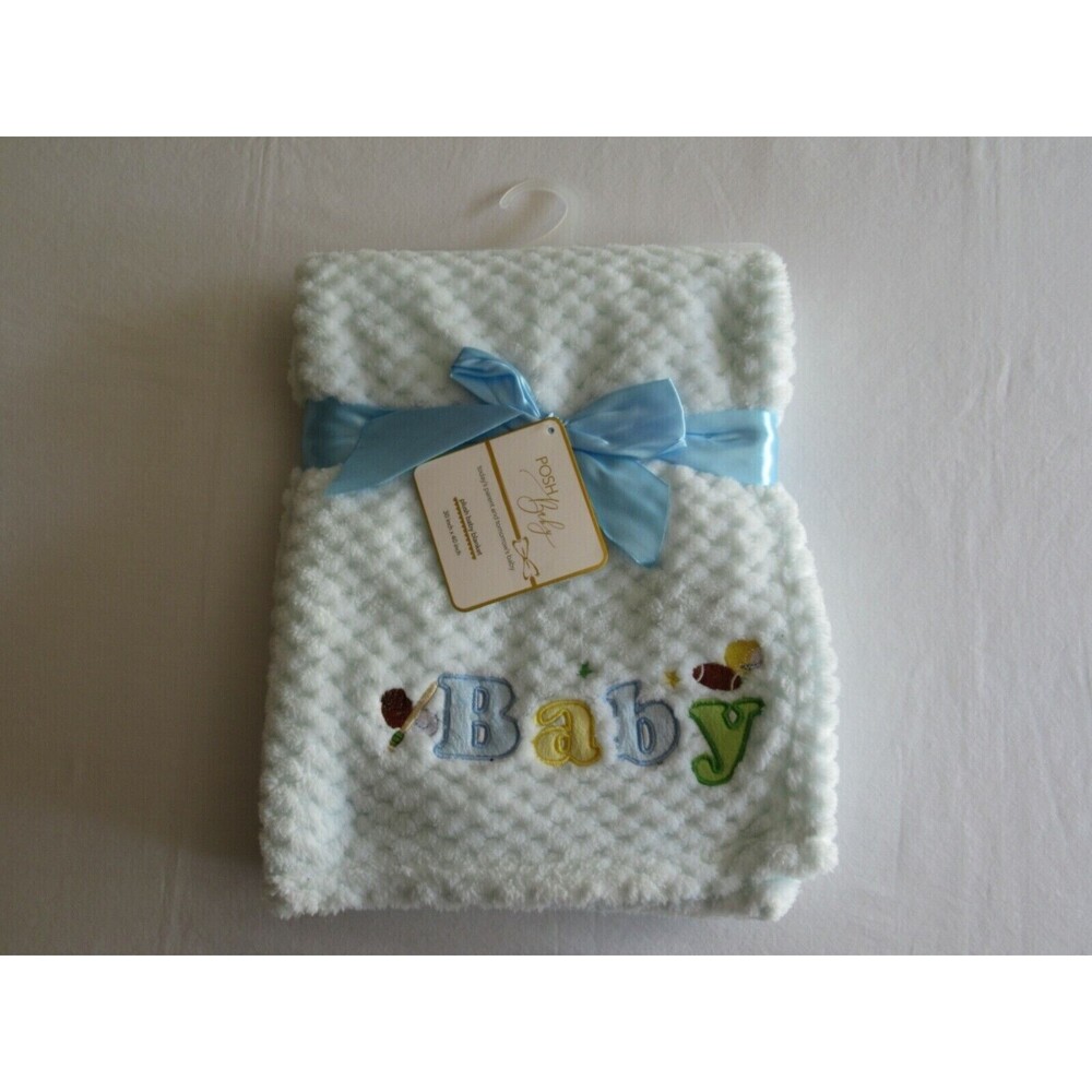 Posh Baby Pale Blue BABY Blanket 30"x40" NWT Soft Textured Sports Ball All Stars